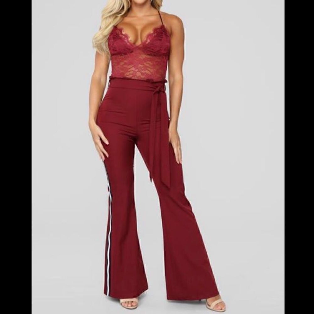 Fashion Nova Burgundy Lace Paper Bag Jumpsuit